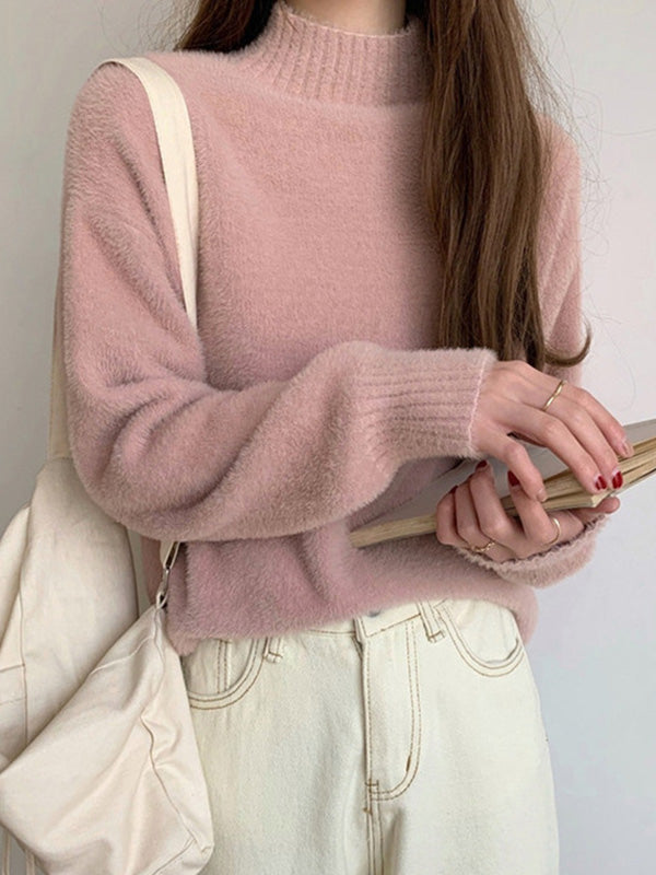 Warm Pink Mock Neck Long Sleeve Mink Sweater Qx005