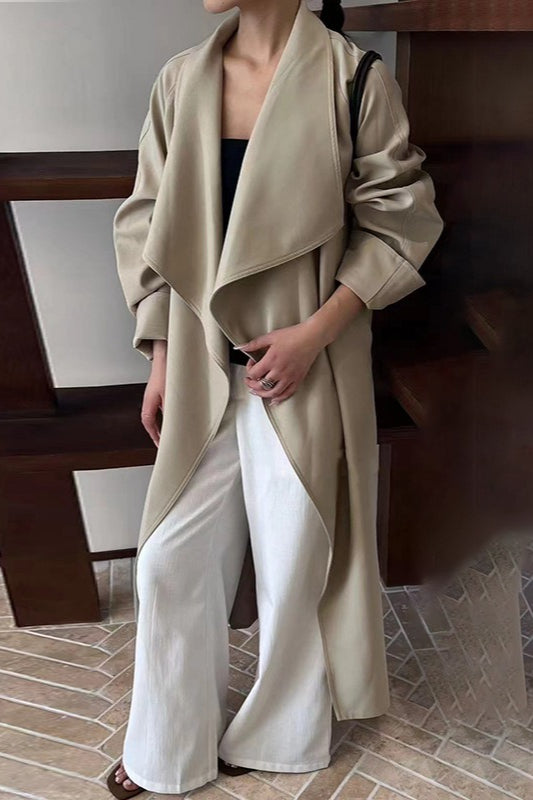 Korean Hepburn Lazy- Belted Waist-tie Long Overcoat
