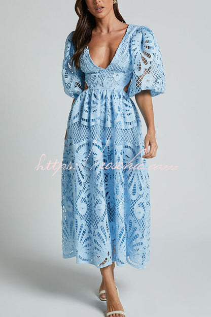 Color V Neck Hollow Lace Waistless Maxi Dress