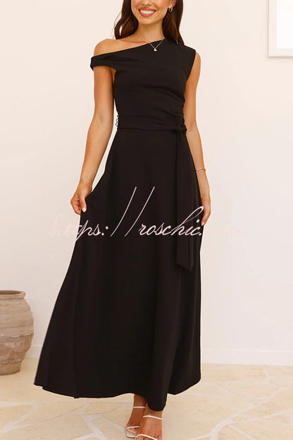 Color Sloped Collar Slim Fit Waist Lace Up Full Hem Maxi Dress