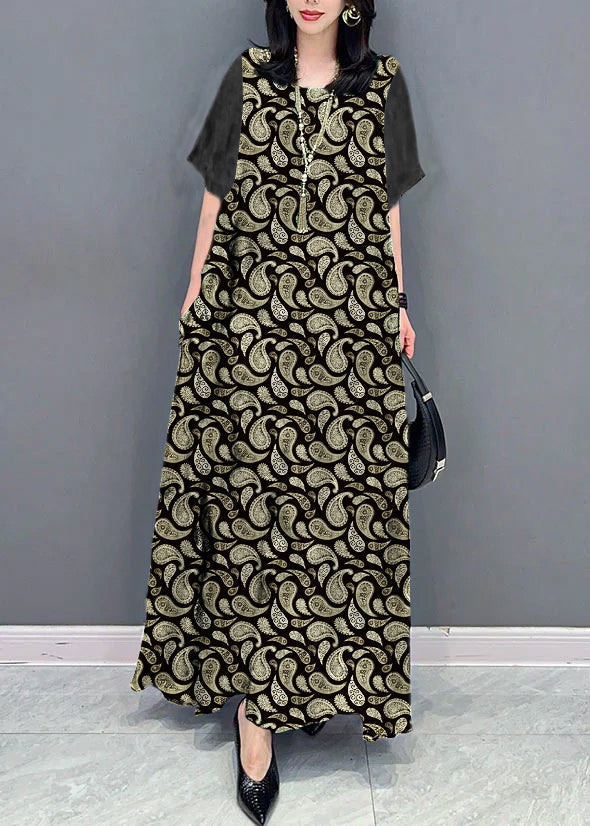 Black Texture O Neck Pockets Print Patchwork Silk Long Dresses Summer Tt1032
