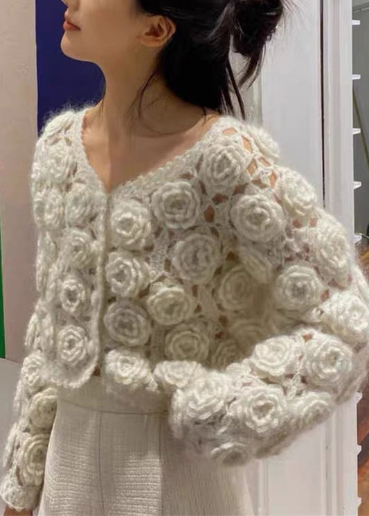Beige Button Hollow Out Cotton Knit Coats Spring Gem594