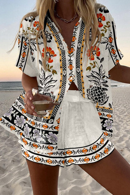 Print Loose Button Elastic Waist Shorts Set