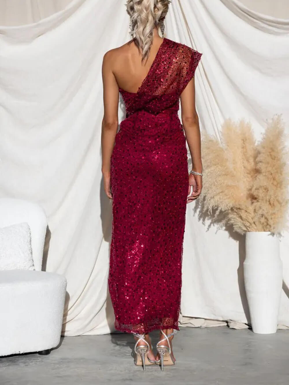 One-shoulder Split Sequin Maxi Dress