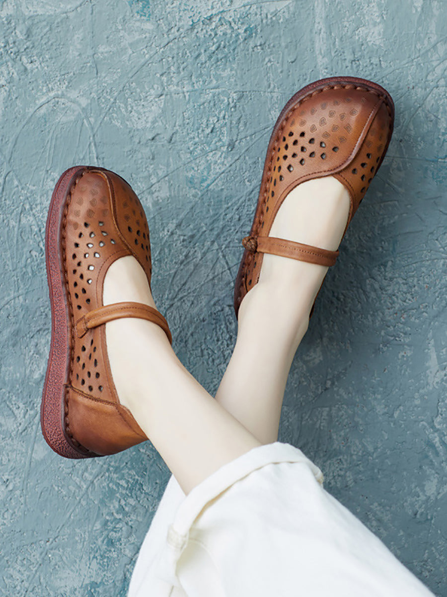 Summer Leather Spliced Cutout Flat Sandals Fg1029