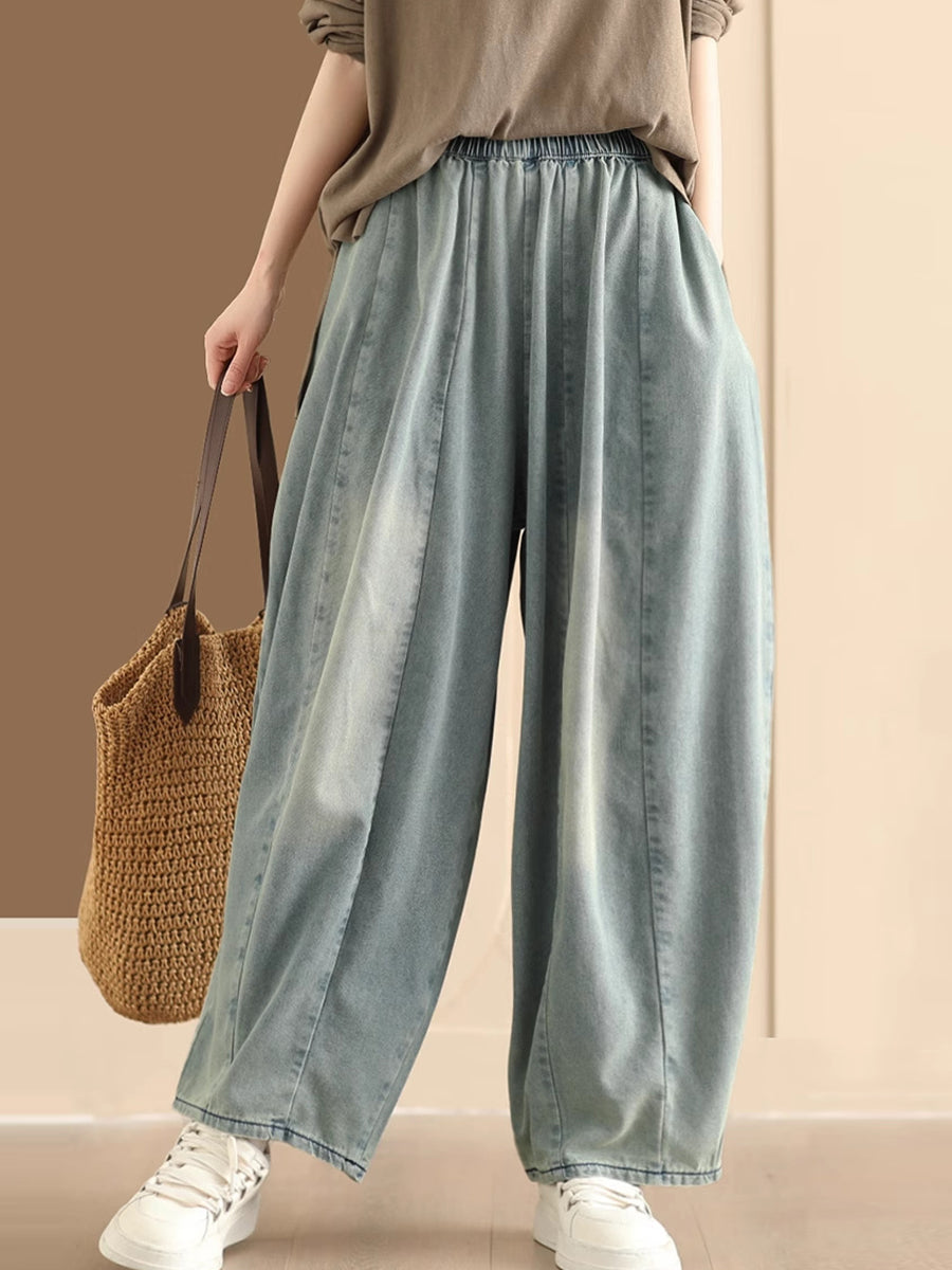 Washed Spliced Denim Wide-leg Pants Qw1007