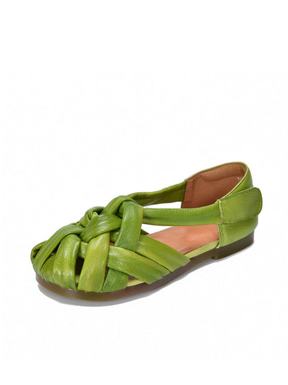 Summer Leather Flat Retro Weave Genuine Shoes