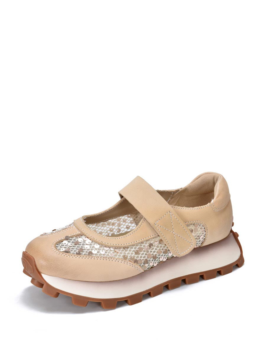 Summer Leather Spliced Mesh Sequin Platform Shoes Xx1022