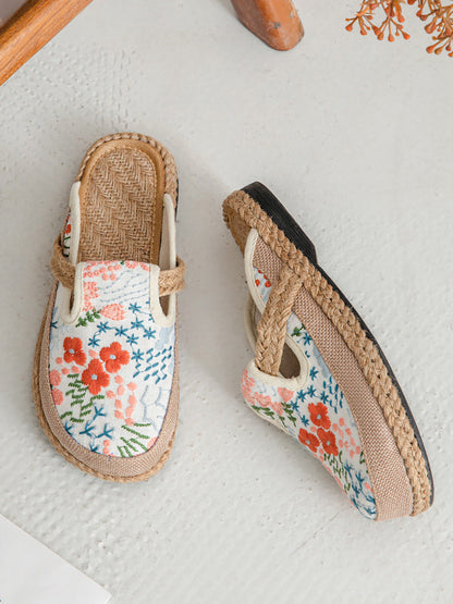 Cotton Flower Embroidery Slippers Summer