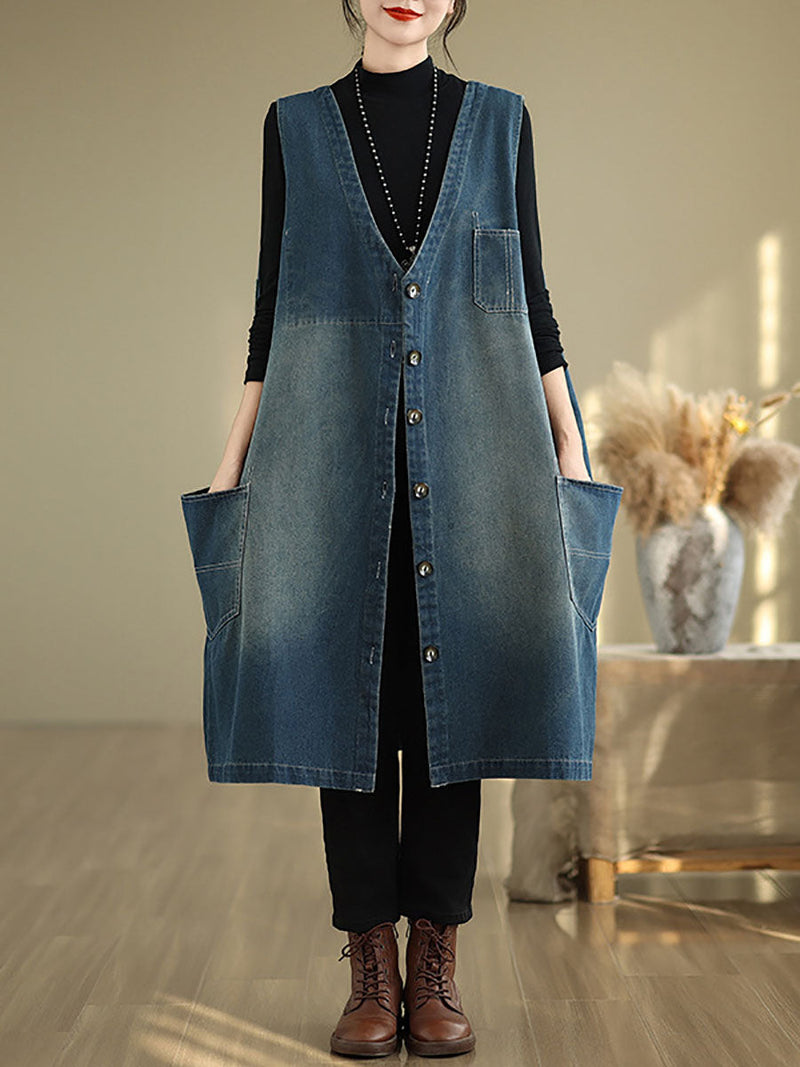 Summer Spliced V-neck Button-up Denim Vest Coat At1007