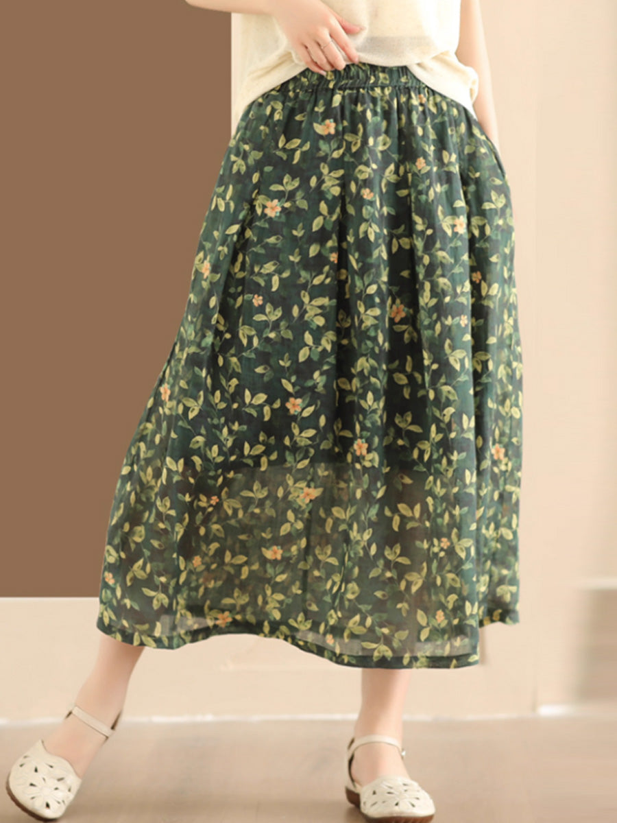 Artsy Summer Flower Ramie A-shape Skirt Co1025