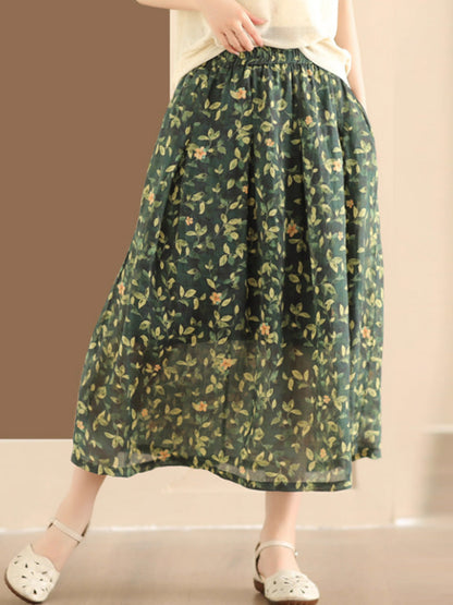 Artsy Summer Flower Ramie A-shape Skirt Co1025