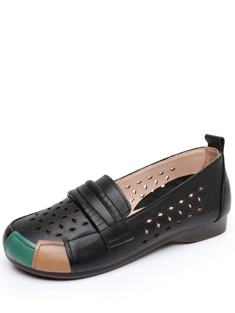 Summer Leather Colorblock Cutout Flat Shoes Ui1030