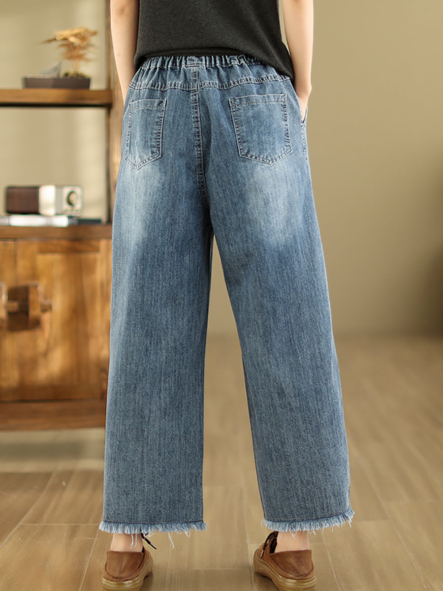 Summer Retro Embroidery Frayed Straight Denim Pants As1042
