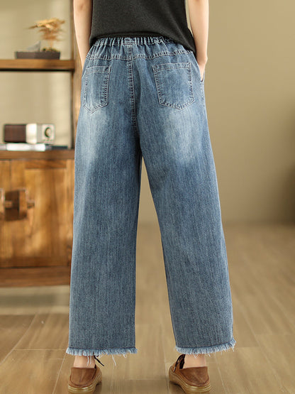 Summer Retro Embroidery Frayed Straight Denim Pants As1042