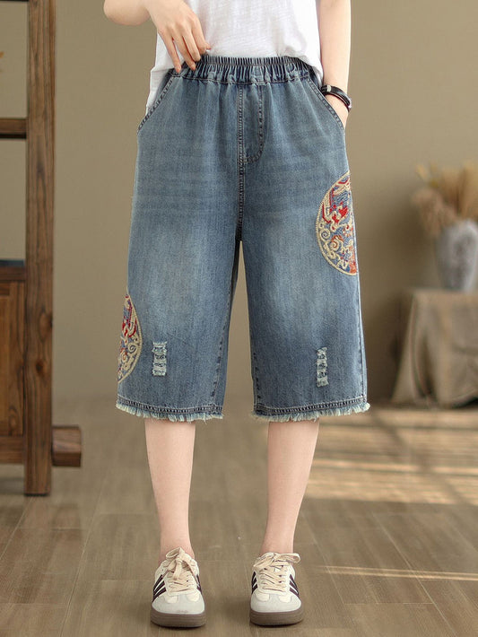 Summer Embroidery Knee-length Denim Pants Io1023