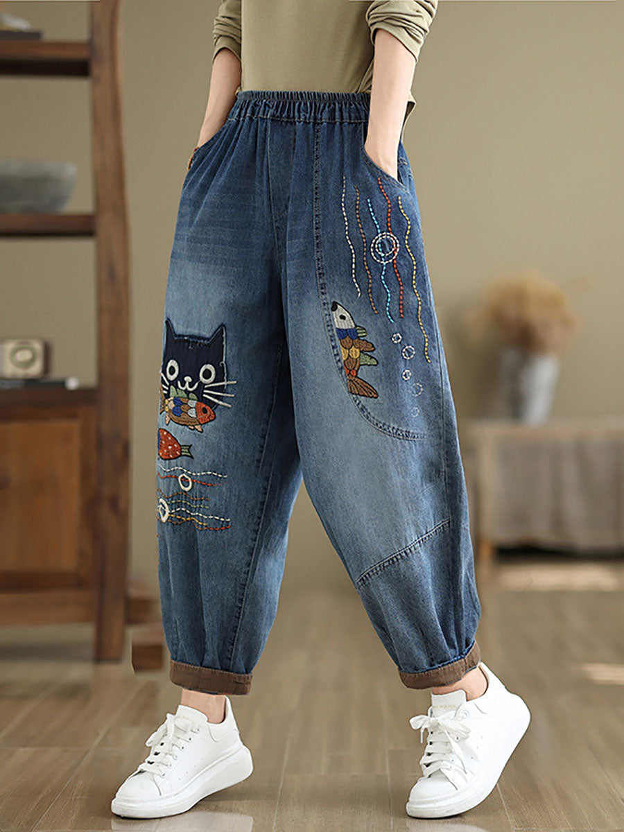 Autumn Cat Patch Spliced Denim Harem Pants Av1004