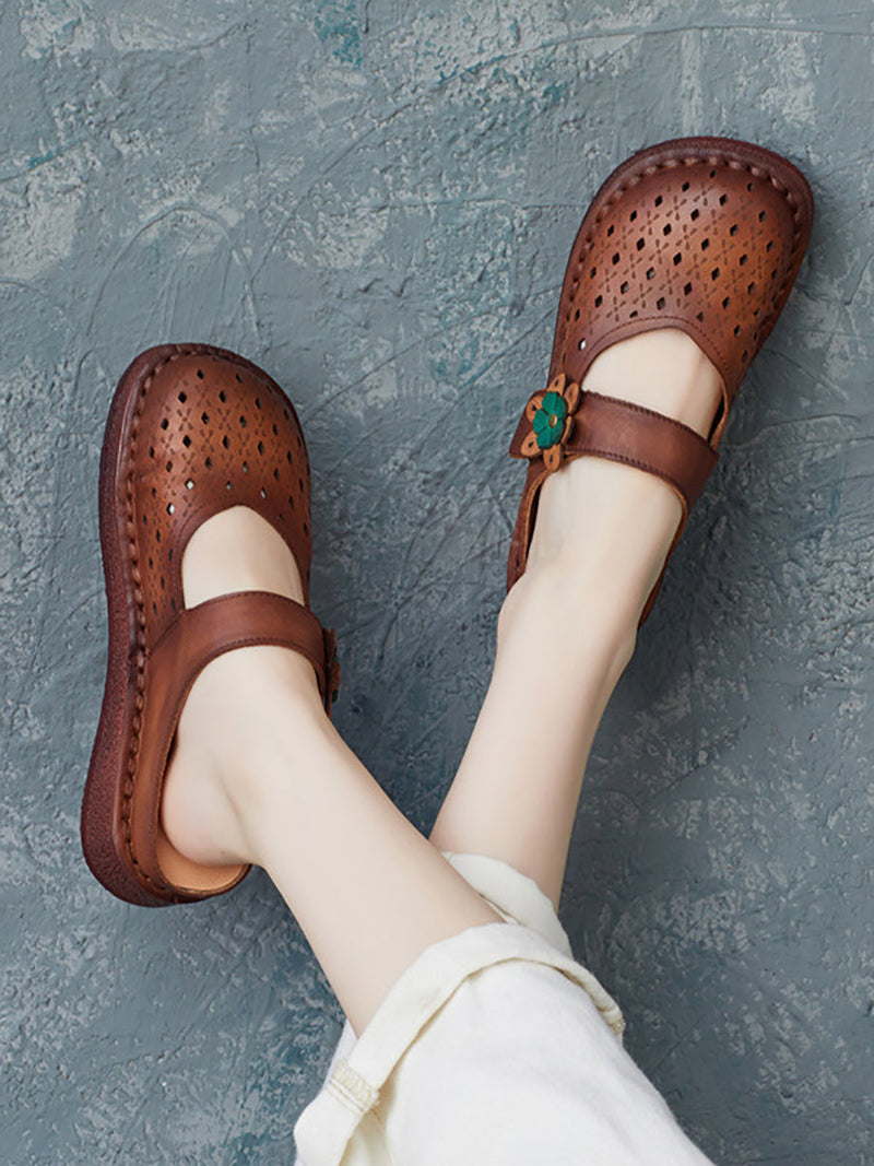 Summer Retro Leather Cutout Shoes Bn1031