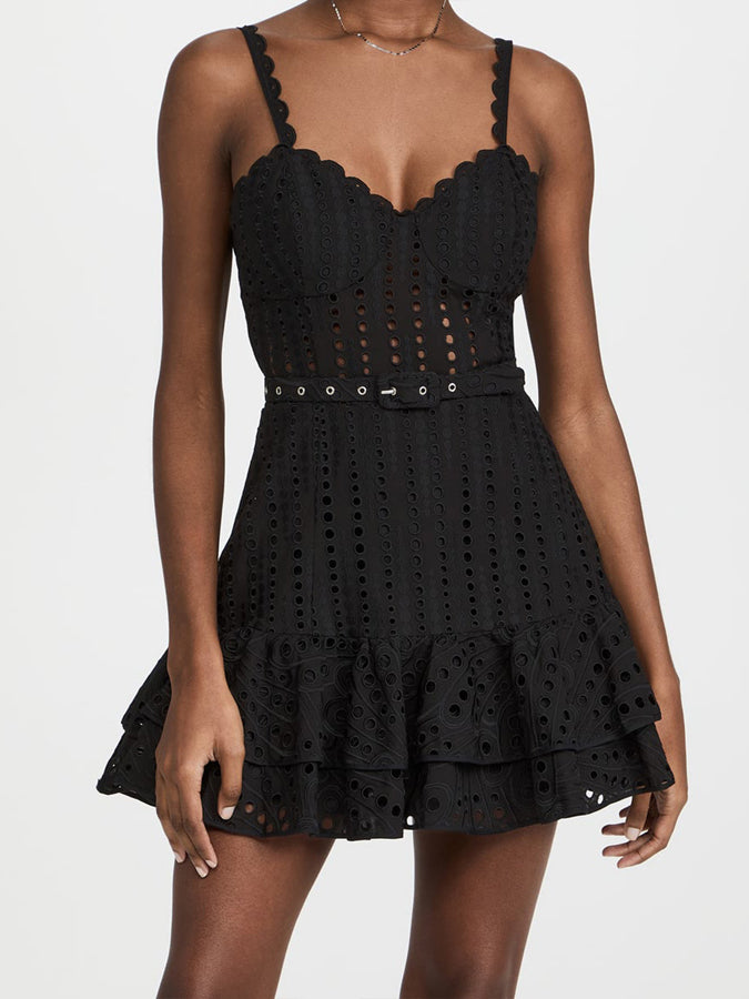 Embroidered Suspender Ruffle Mini Dress