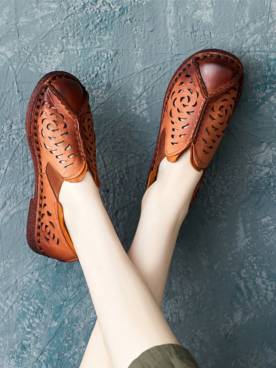 Summer Genuine Leather Cutout Spliced Falt Shoes Ll003