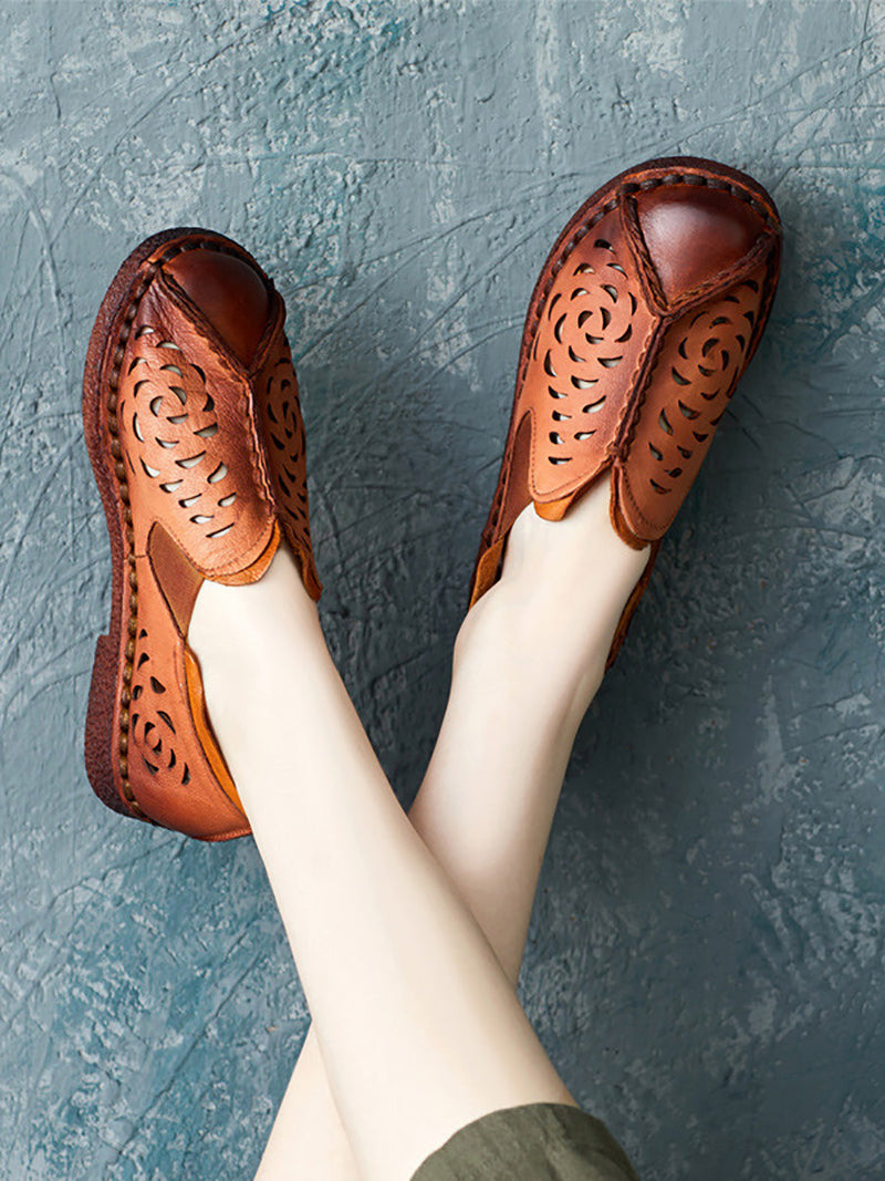 Summer Genuine Leather Cutout Spliced Falt Shoes Ll003