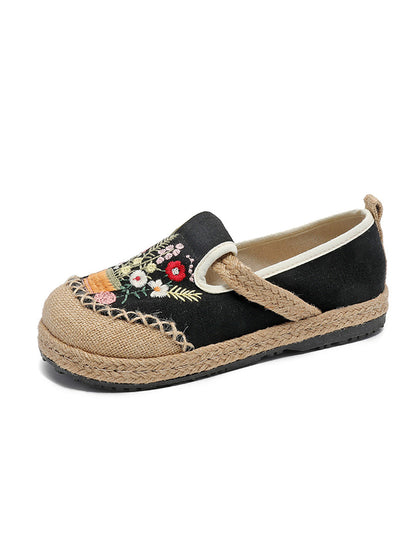 Summer Artsy Flower Embroidery Linen Cotton Shoes At1080