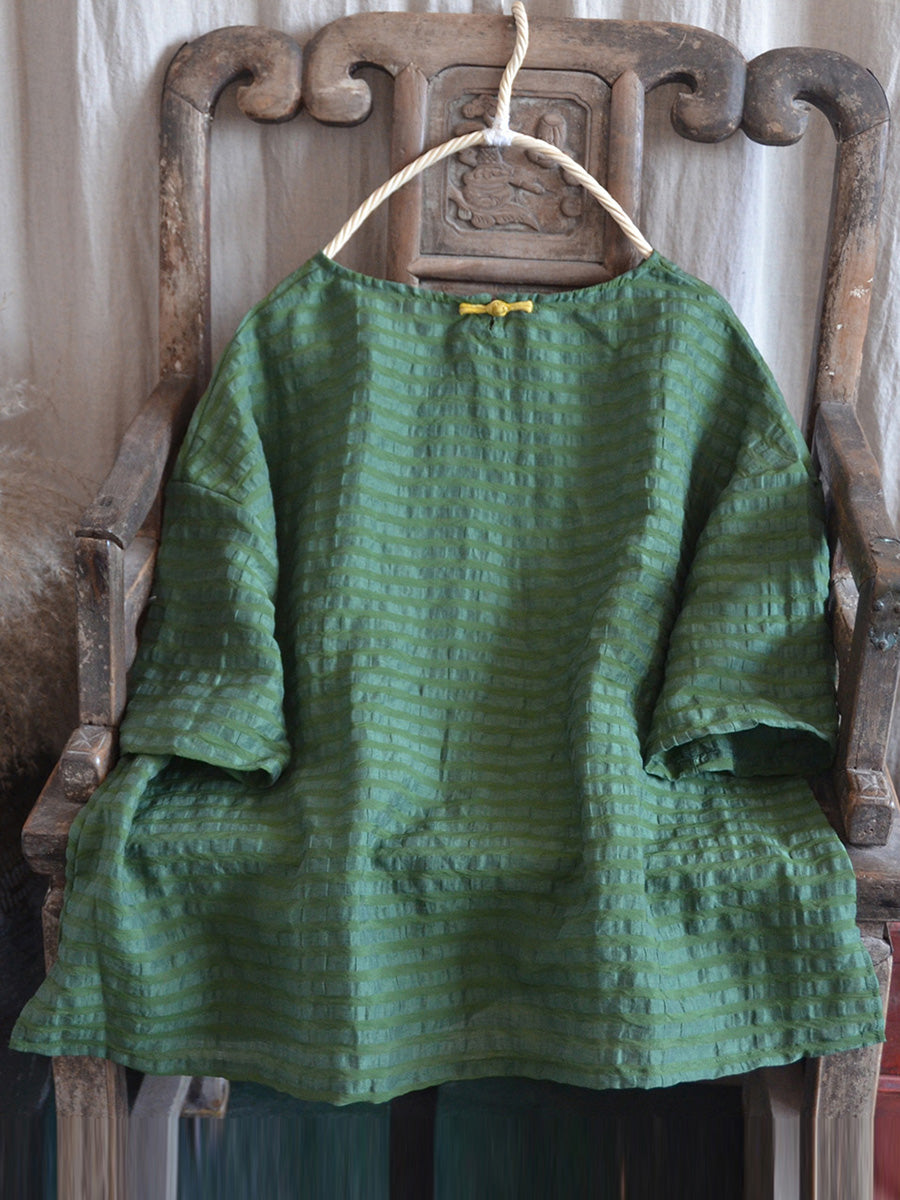 Artsy Stripe Linen O-neck Blouse Co1027
