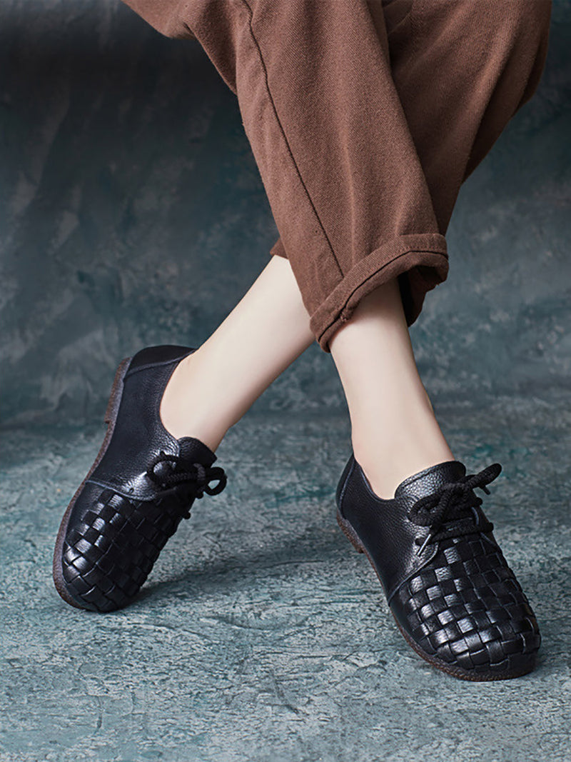 Autumn Soft Leather Waeve Flat Shoes At1029
