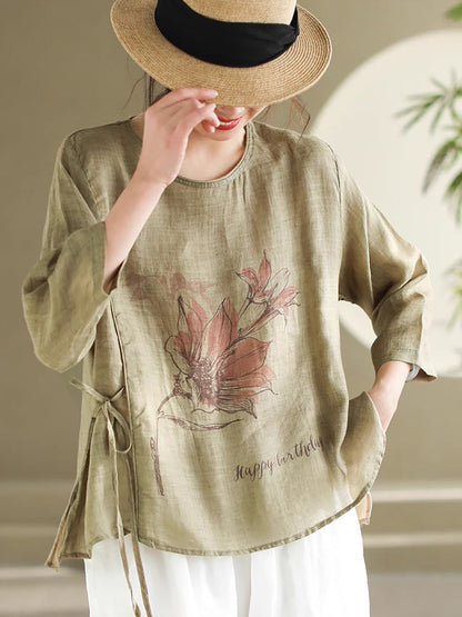 Spring Flower Strap Ramie Blouse Kl1039