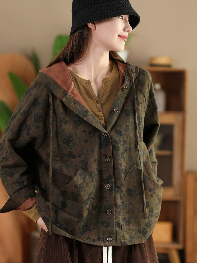 Autumn Flower Button Cotton Linen Hooded Coat Ah1013