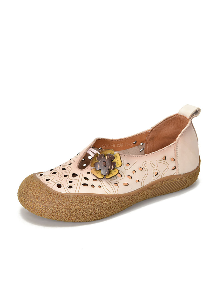 Summer Leather Cutout Flower Flat Shoes Sc1060
