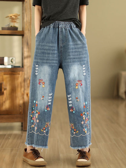Summer Retro Embroidery Frayed Straight Denim Pants As1042