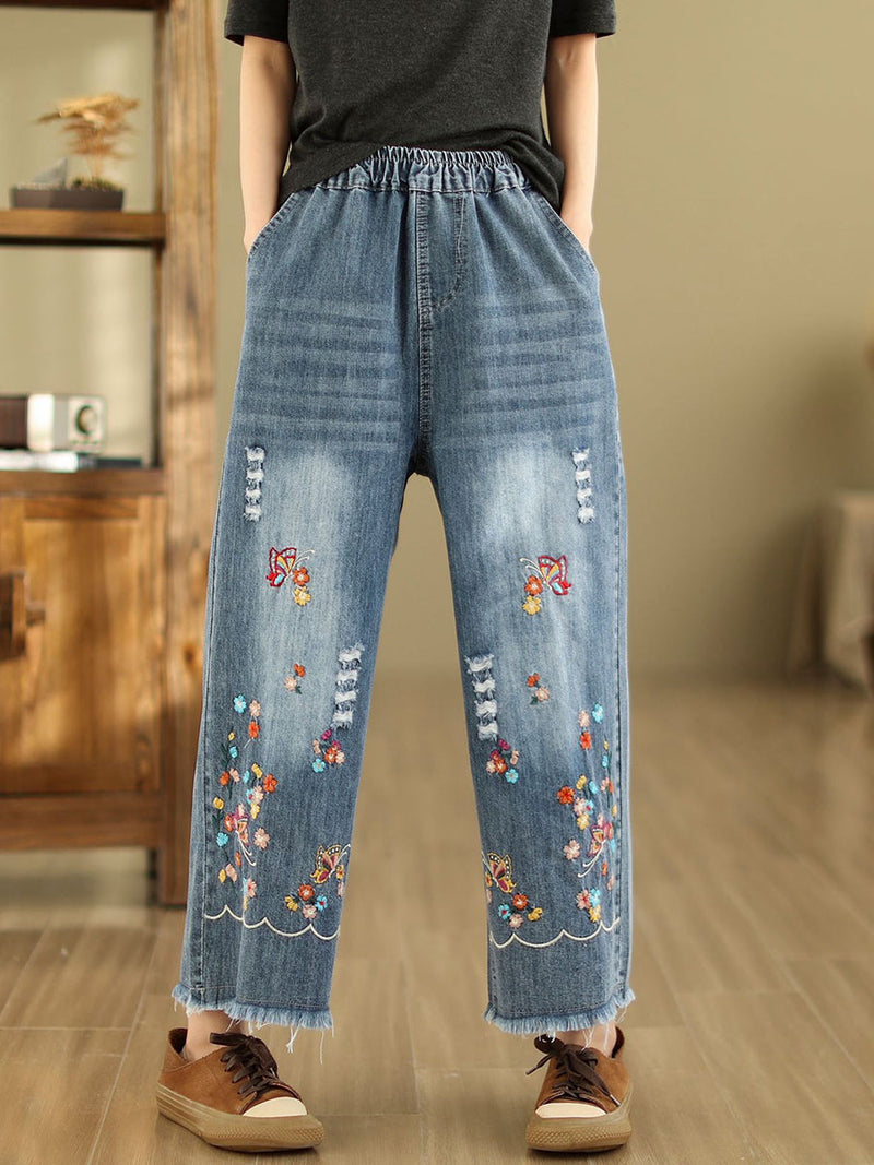 Summer Retro Embroidery Frayed Straight Denim Pants As1042