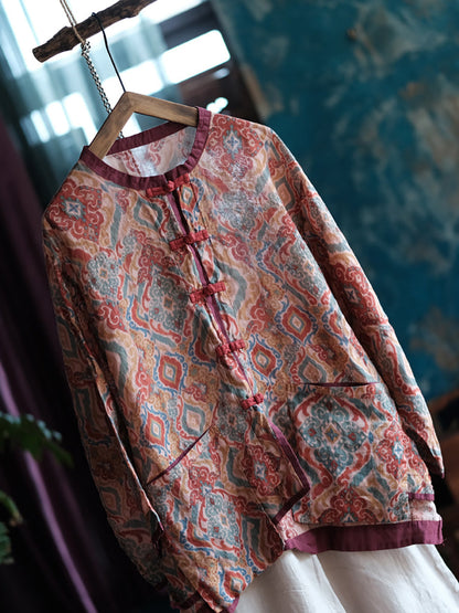 Spring Colorblock Flower Ramie Shirt Coat Kl1035