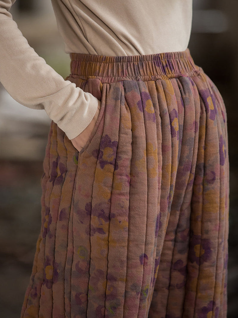 Winter Retro Flower Spliced Padded Cotton Harem Pants Wu014