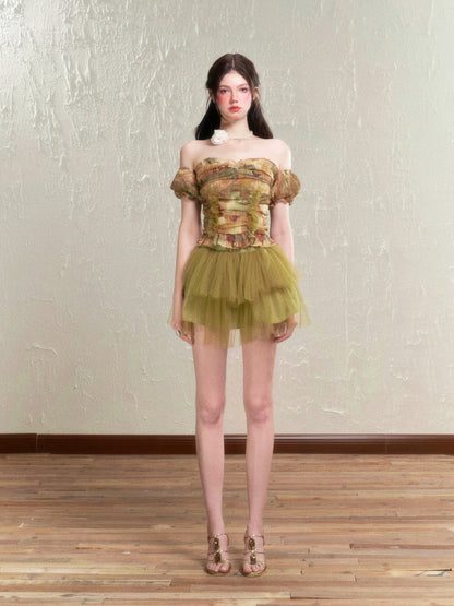 Retro Rose Tulle Frill Top & Mini Skirt