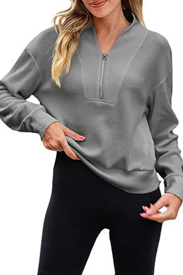 Waffle Zipper V-neck Pullover Long-sleeved Sweater