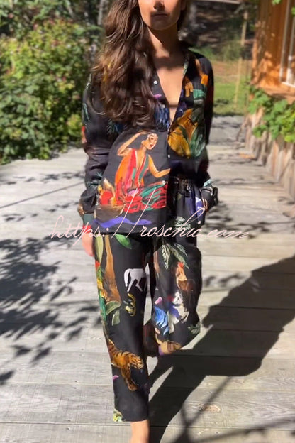 Unique Print Lapel Long Sleeve Loose Shirt and Elastic Waist Pocket Wide Leg Pants Set