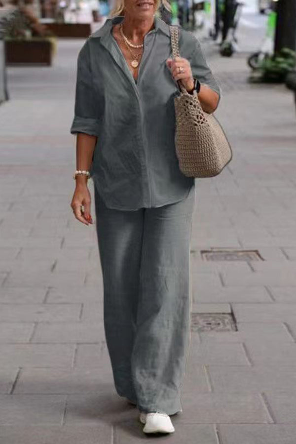 Color Long-sleeved Shirt and Elastic Waisted Loose Wide-leg Pants Set