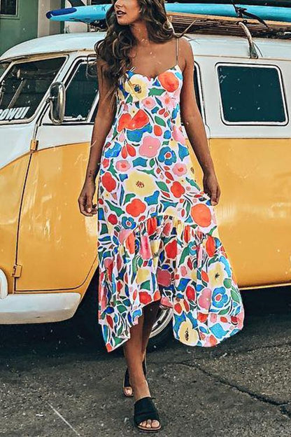 Printed Backless Mid Calf Dress With Pocket