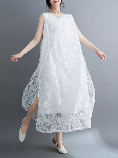 A-line Loose Lacy See-through Color Split-side Round-neck Midi Dresses