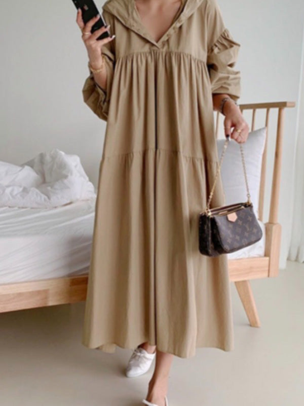 Urban Color Pleated Long Sleeves Hooded Midi Dress