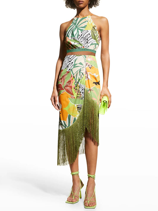 Print Fringe Swimsuit and Skirt
