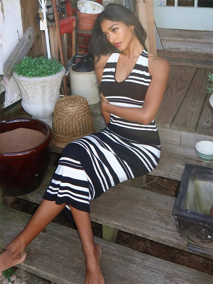 Striped Knit Bandage Dress Female Backless Beach Holiday V-neck Slim High Waist Contrast Maxi Dress Clothes