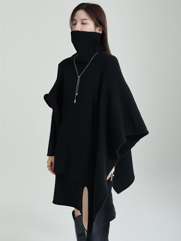 Long Sleeves Loose Color High-neck Shawl&sweater Dresses Two Pieces Set