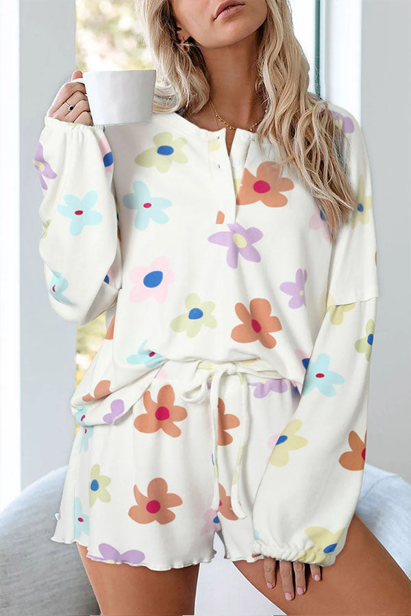 White Print Henley Top \u0026 Drawstring Shorts Loungewear Set