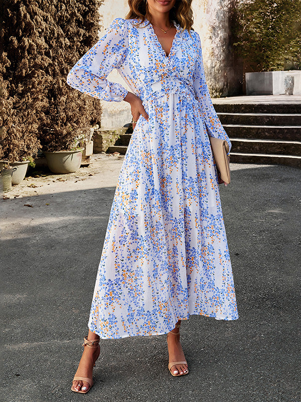 A-line High Waisted Flower Print Ruffled Split-joint Deep V-neck Maxi Dresses