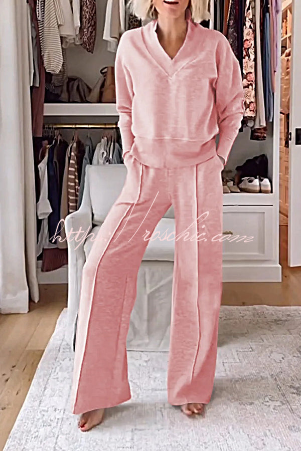 Weather Gets Cold Color V-neck Top and Elastic Waist Pocketed Lounge Pants Set