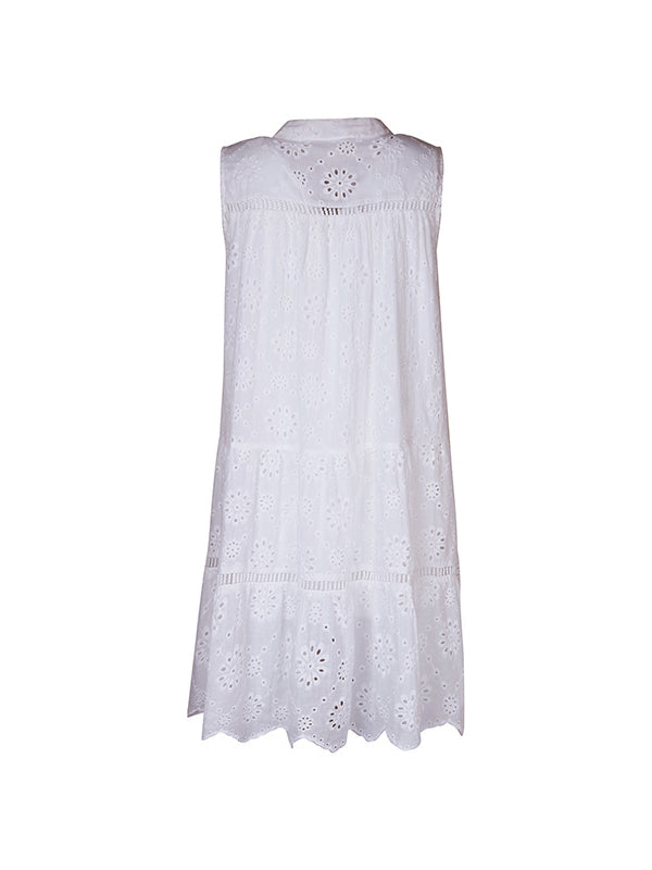 Loose Sleeveless Hollow Lace-up Color Split-joint Round-neck Mini Dresses
