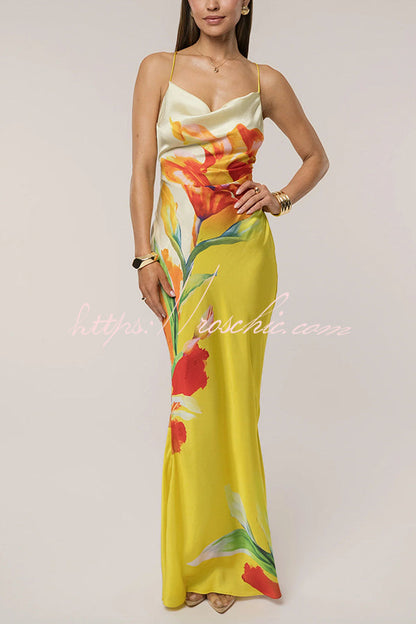 Luisa Satin Print Cowl Neck Open Back Tie-up Maxi Dress